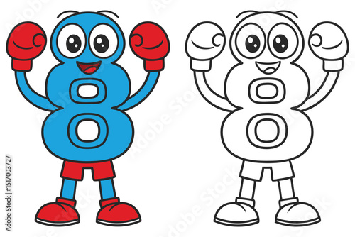 Number eight boxer cartoon character in color and black white version