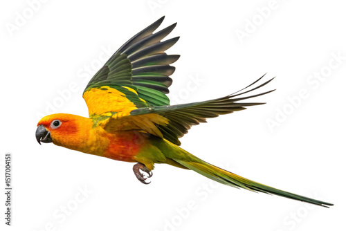 vibrant sun conure parrot in flight isolated on white background