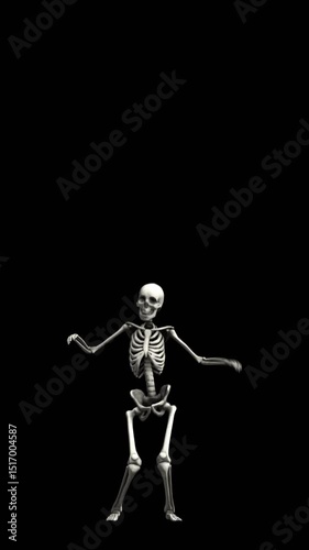 Seamless vertical video of a skeleton with a sensual dance isolated with alpha channel. Funny halloween background.