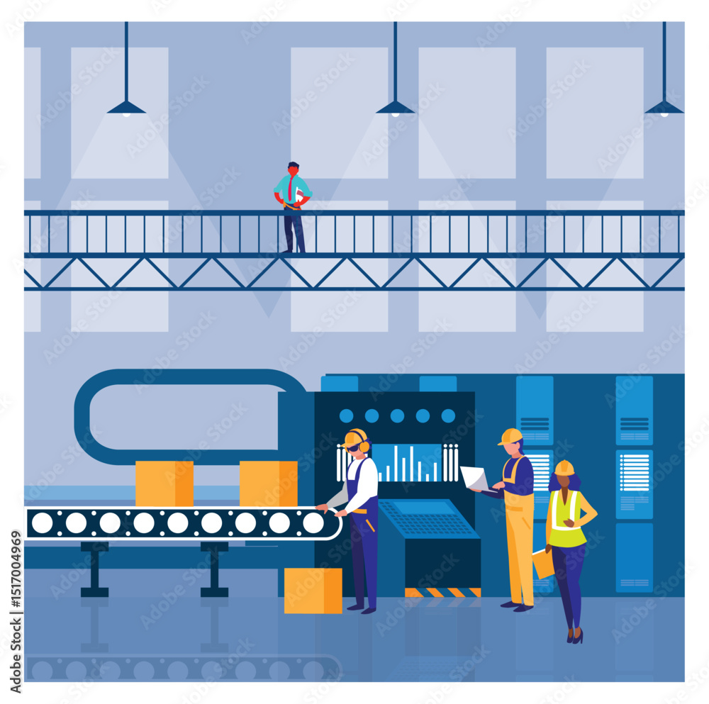Fototapeta premium Modern Factory Interior Scene with Workers Monitoring a Conveyor Belt and Automated Machinery - Vector Illustration