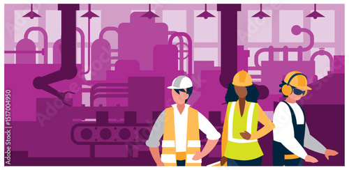 Diverse Factory Workers Overseeing Automated Production Line - Vector Illustration