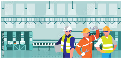 Workers at a Manufacturing Plant Inspecting a Conveyor Belt - Vector Illustration