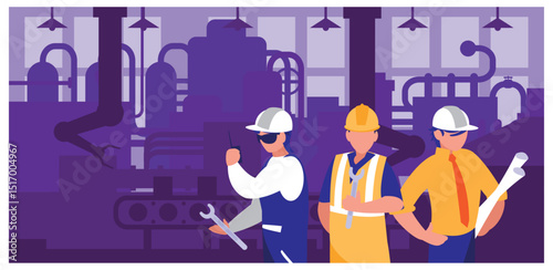 Factory Workers in a Manufacturing Plant with Machinery and Conveyor Belt - Vector Illustration