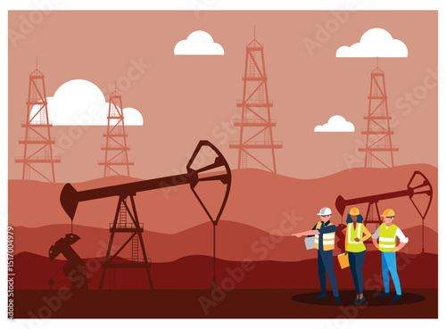 Oil Field Scene with Pumpjacks and Workers Inspecting Operations - Vector Illustration