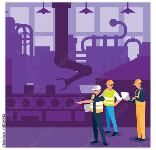 Industrial Factory Scene with Workers Overseeing Automated Robotic Arm and Production Line - Vector Illustration