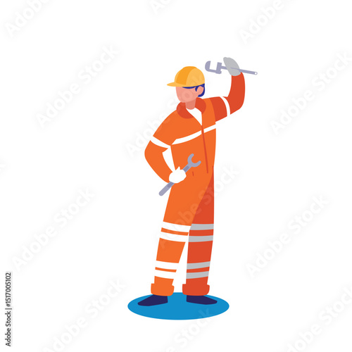 Vector Illustration of a Construction Worker Holding Wrenches Wearing Overalls and Hard Hat on White Background