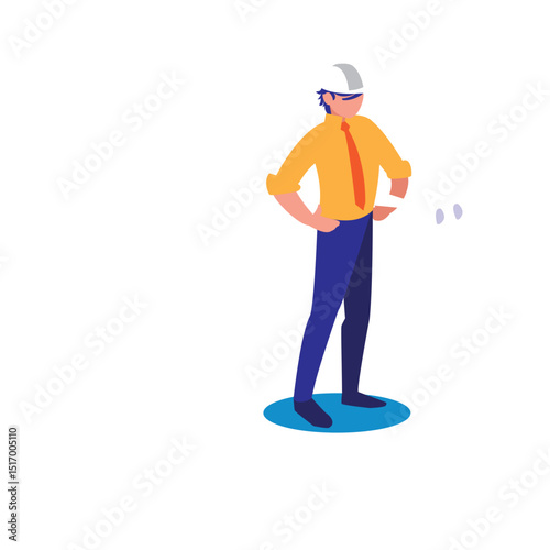 Vector Illustration of an Architect or Engineer Standing with Hard Hat, Shirt and Tie on White Background