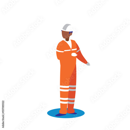 Vector Illustration of a Construction Worker Standing in Orange Overalls and Hard Hat on White Background