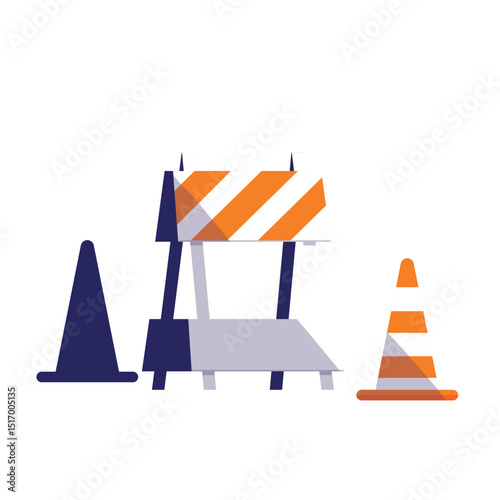 ector Illustration of Road Construction Scene with Barrier and Traffic Cones