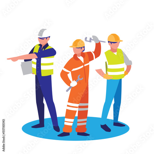 Vector illustration of a group of three construction workers in varied attire - one in overalls with a wrench, one with a clipboard, and one in a vest - all wearing hard hats