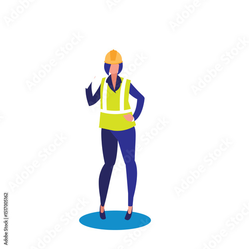 Vector illustration of a woman construction worker in a hard hat and safety vest, standing confidently, representing women in construction, empowerment