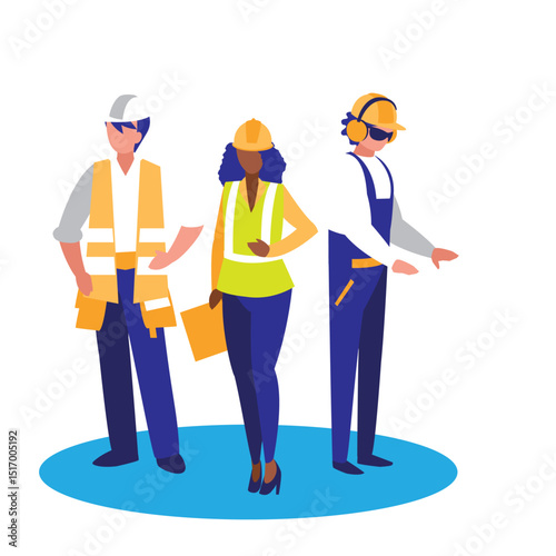 Vector illustration of a diverse group of three construction workers - two men and one woman - wearing hard hats and safety vests, representing teamwork, diversity in the workplace
