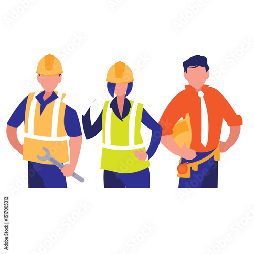 Vector illustration of a diverse team of construction professionals including male and female workers and a project manager wearing safety gear and work attire