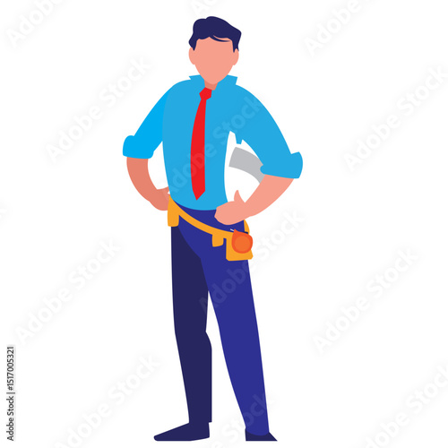 Vector illustration of a male construction project manager or engineer wearing business attire with tool belt and rolled blueprint