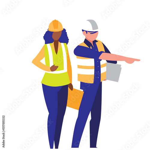 Vector illustration of diverse construction workers in safety vests and helmets discussing plans and giving directions on a construction site