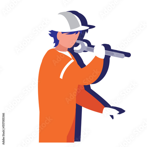 Vector Illustration of a Male Industrial Worker in Safety Gear Holding a Wrench for Maintenance or Construction Tasks