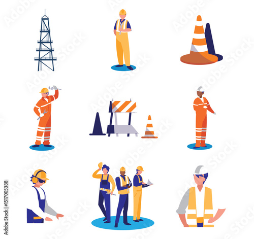 Vector Illustration of Oil Industry and Construction Workers with Safety Gear, Traffic Cones, Oil Derrick, and Worksite Management Elements