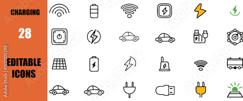 Charging station icon set electric vehicle ev car battery charger plug wifi solar panel energy editable icons
