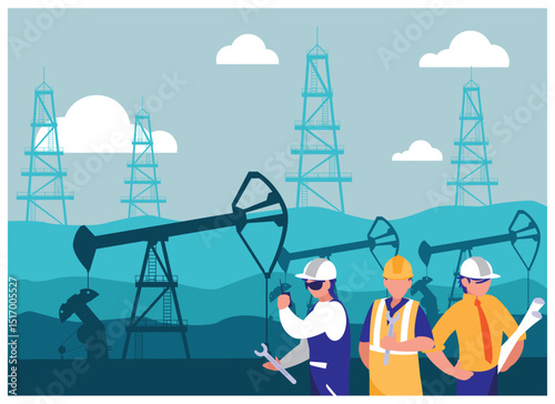 Vector illustration of a team of oil field workers, including a mechanic, engineer, and supervisor, standing in front of pumpjacks and oil derricks against a bright sky