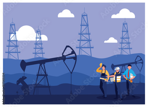 Vector illustration depicting oil field workers, including an engineer, technician, and supervisor,
