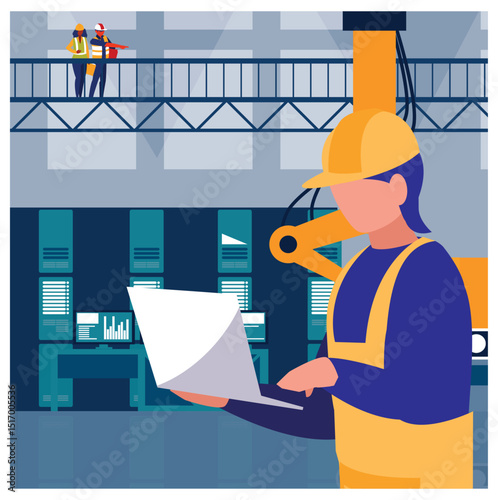 Vector illustration of a factory worker in a hard hat and overalls using a laptop in a modern factory environment, 