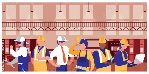 ector illustration of diverse factory workers in safety gear, including hard hats and vests, standing in a factory setting with machinery and overhead lighting