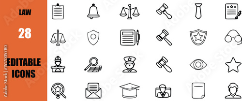 Law and justice icons set editable vector design for legal documents and court representation symbols collection