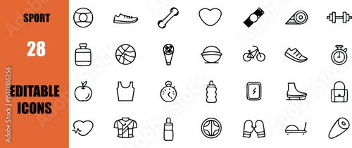 Sport fitness and health editable icons vector set for gym workout and healthy lifestyle activities design