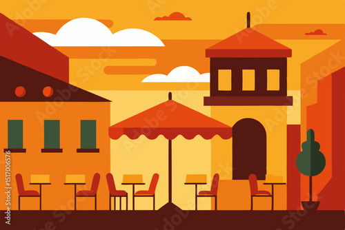 Vector illustration of an old town Greek island architecture with a cafe and street design