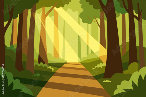 Forest road in a green urban park with tree shadows and a walkway, perfect for nature travel and architectural city design illustrations