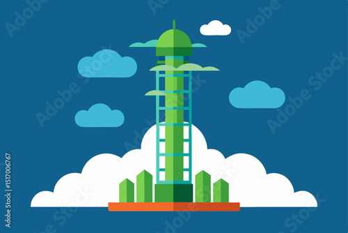 Abstract urban landscape with green city skyline and clouds