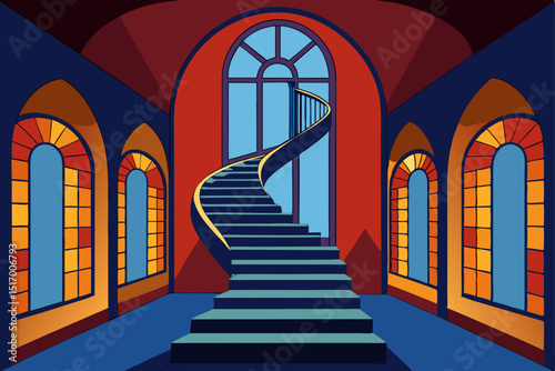 Old European gothic church interior with stone archways and ancient columned corridors