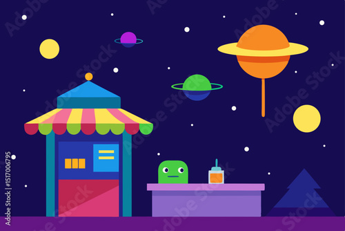 Christmas holiday night scene with Santa, house, snow, and winter landscape vector illustration card