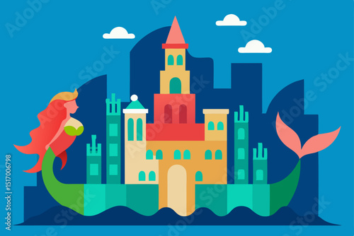 A magical fairy tale castle illustration, a fantasy building on a hill with towers under the night sky
