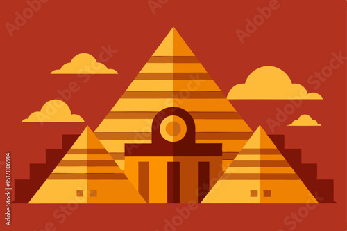Orange summer sunset in Egypt desert landscape with camel and pyramids silhouette