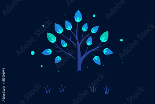 Abstract blue underwater background with a tree, illuminated by light, creating a serene deep sea nature illustration