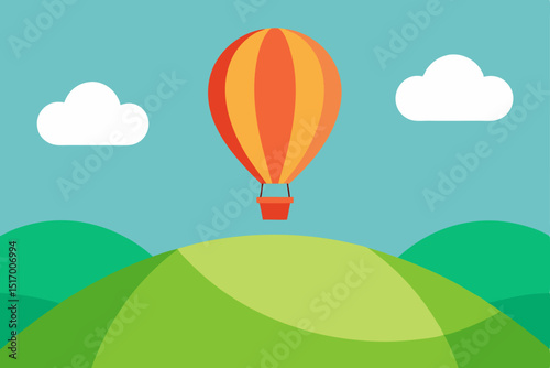 Hot air balloons drift across a sunny summer sky, a colorful illustration of travel and nature's beauty over a green landscape