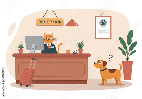 Cat receptionist greeting dog visitor at hotel reception desk  