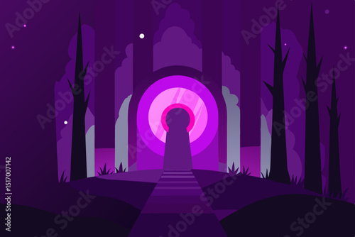 Spooky Halloween night vector illustration of a dark graveyard silhouette with a purple sky and a crescent moon