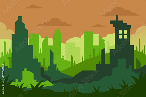 Green city skyline silhouette vector illustration of urban building landscape