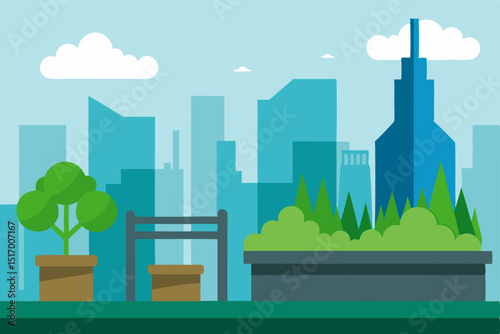 Green city landscape vector illustration with urban buildings and nature