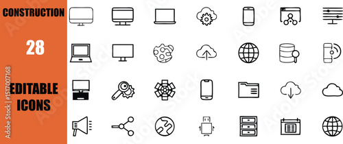 Collection of twenty eight editable construction technology and network icon vector illustration