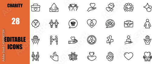 Charity donation and volunteer editable icons set vector illustration for social work and fundraising