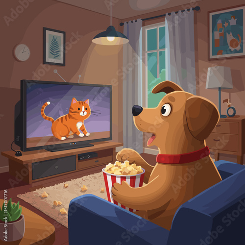 Dog watching cat on television while eating popcorn in living room  