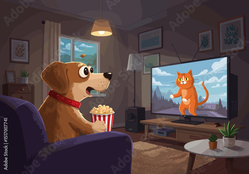Cartoon dog watching TV while eating popcorn in cozy living room  