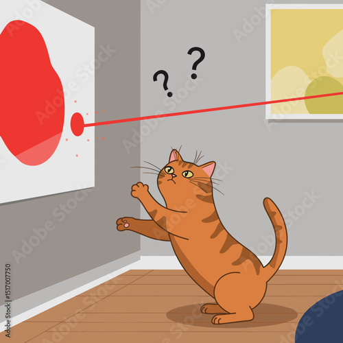 Cat curiously chasing red dot on wall in modern living room  