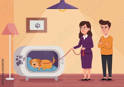 Woman taking dog outside from pet house in cozy living room  