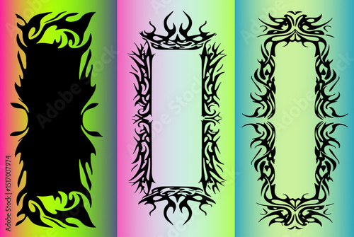 Three vector tribal frames on a colorful gradient background. The illustration features bold, sharp lines and popular Y2K-inspired tribal tattoo style, which is currently trending in digital art.