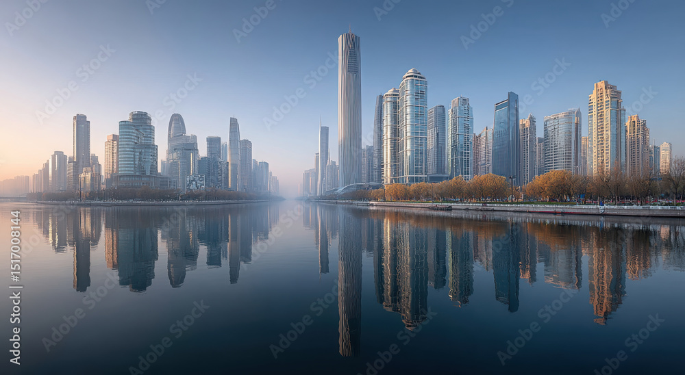 Obraz premium Modern City Skyline Reflection on Water at Dawn, Showcasing Urban Development and Infrastructure Investment Opportunities, With a Sense of Serenity