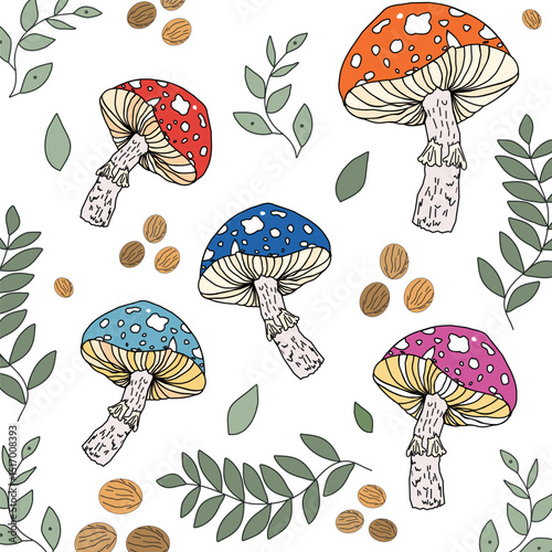 mushrooms seamless pattern, mushrooms with nuts and botanical plants seamless pattern,forest mushrooms pattern on white background.